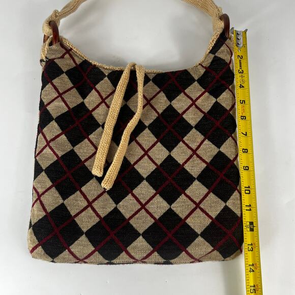 Reversible Sweater Purse Satchel Plaid Knit Wood Winter Cozy Fall Accessory Bag - Picture 7 of 10
